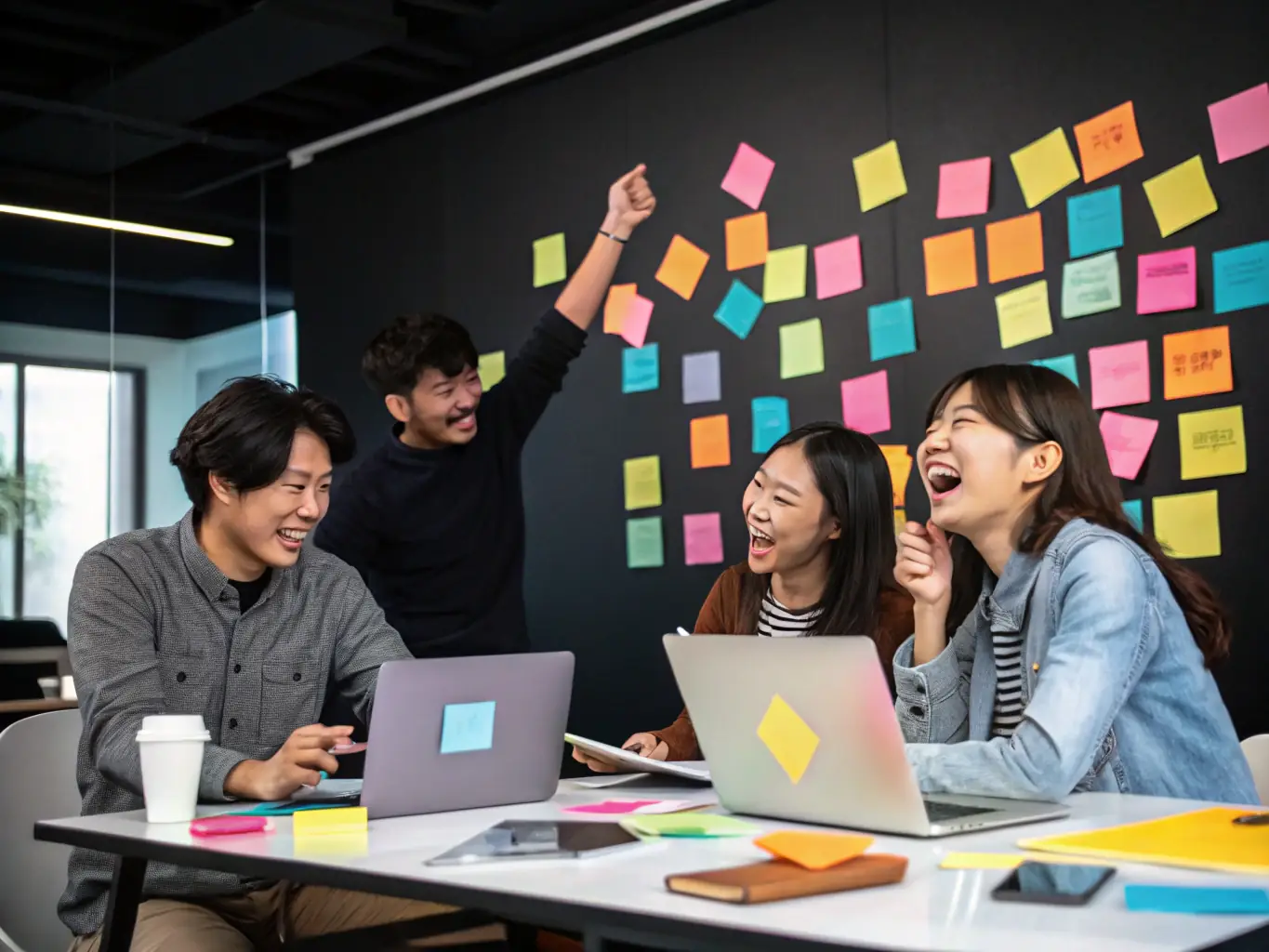 A diverse group of women are participating in a leadership workshop, actively engaged in a brainstorming session, with sticky notes and markers scattered on the table, reflecting collaboration and idea generation.