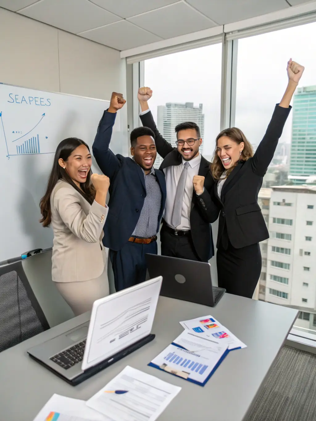 A group of women celebrating a successful project completion, highlighting teamwork and achievement in a professional setting.