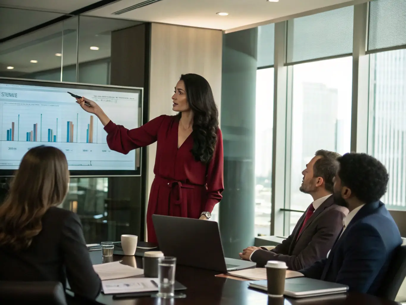 A woman confidently presenting a business plan to a group of investors in a modern office setting, showcasing her leadership and strategic thinking.