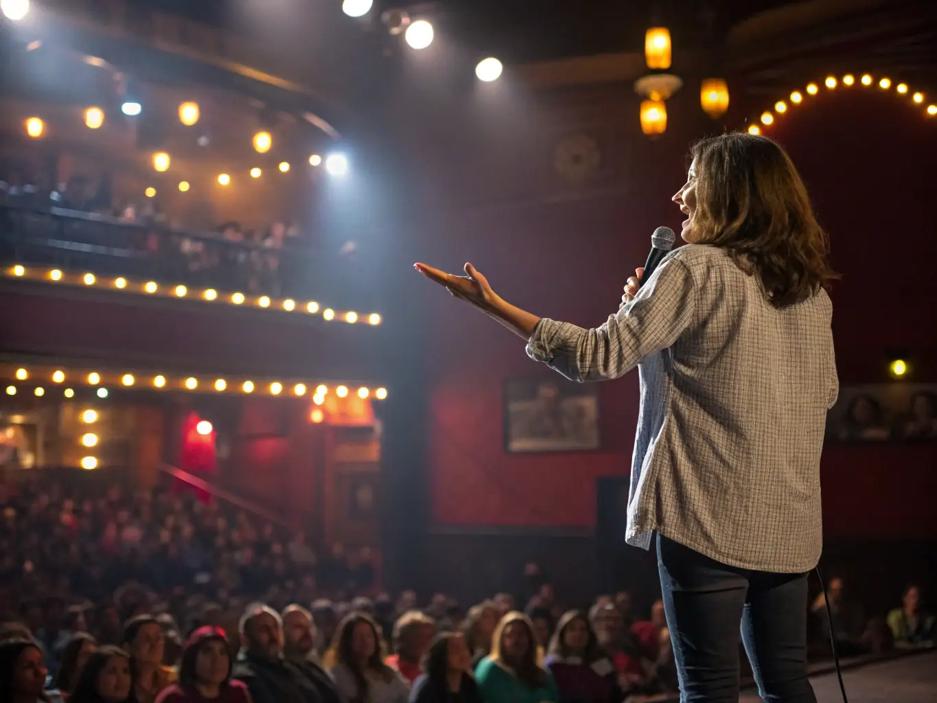 A woman standing confidently on a stage, delivering a motivational speech to a large audience, radiating empowerment and inspiring others.