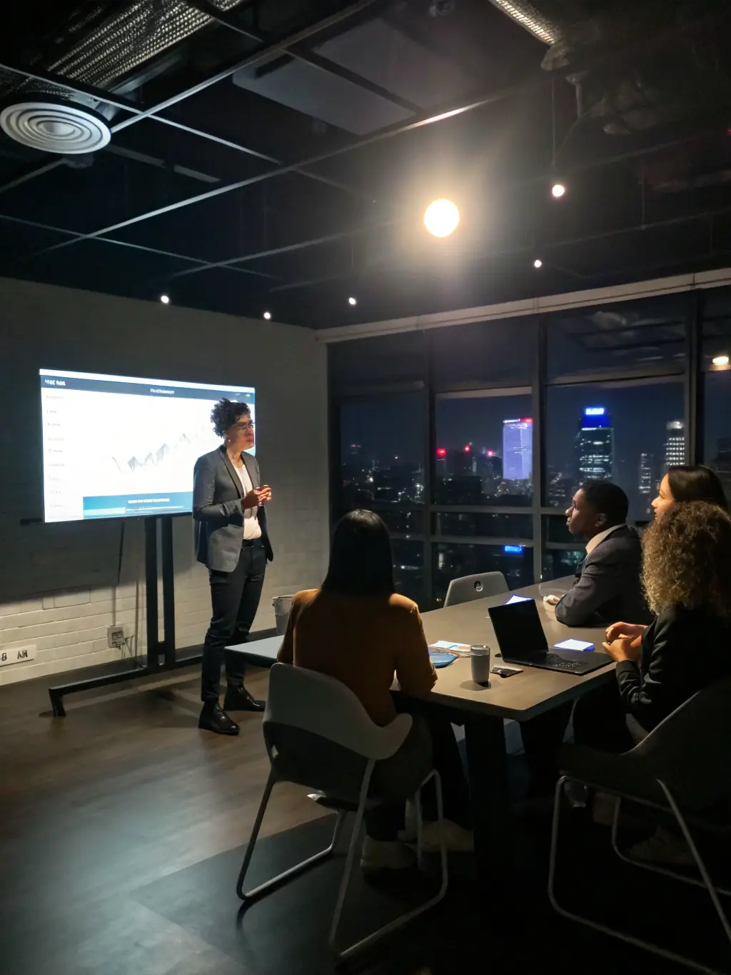 A confident woman giving a presentation to a team, showcasing her leadership skills and inspiring her colleagues.