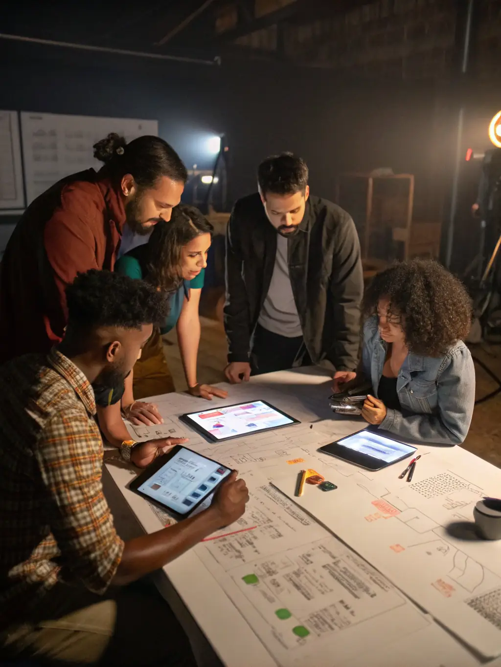 A diverse group of women participating in a leadership workshop, actively engaged in a brainstorming session, with a whiteboard filled with ideas in the background.